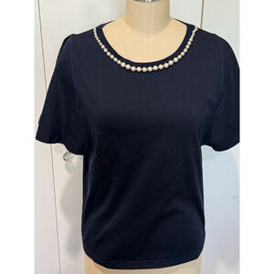 Women's DRESKIP Navy Short flutter Sleeve Tee with Pearl Embellishment, Size L